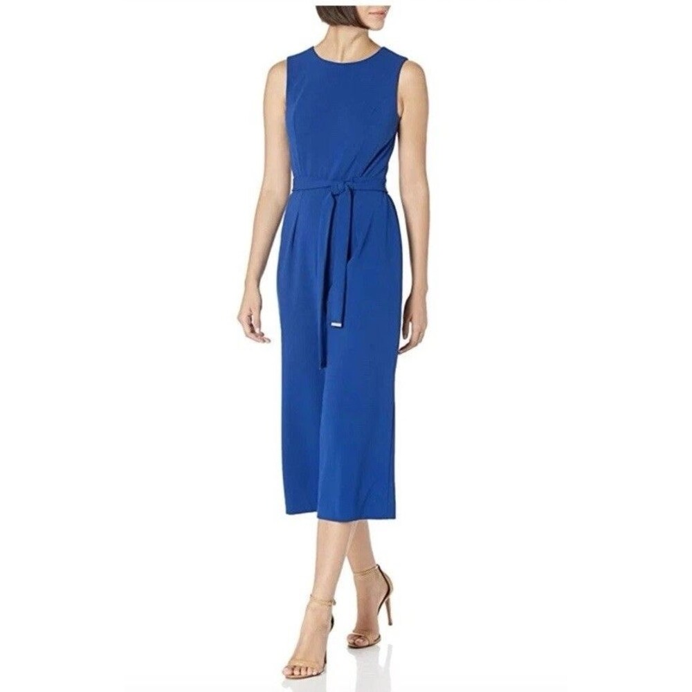 Tommy Hilfiger Women's Blue Tie Waist Cropped Jumpsuit Size 12 Sleeveless